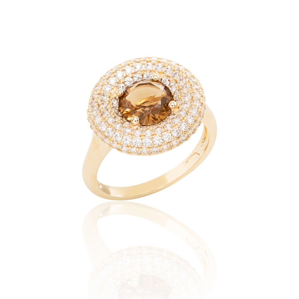 Anel disco cravejado cristal topázio fumê banho de ouro 18k