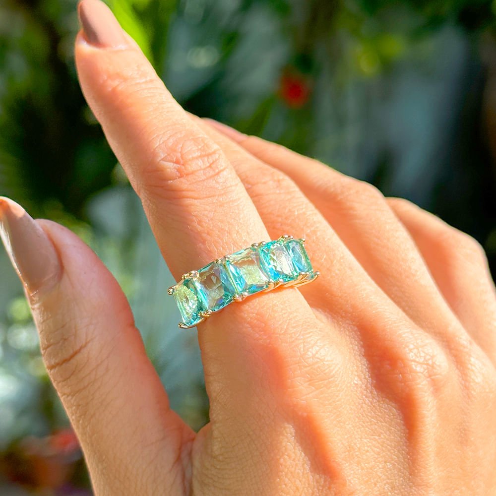 Anel com 5 Retângulos 6x8 Cristal Paraíba Banho de Ouro 18k