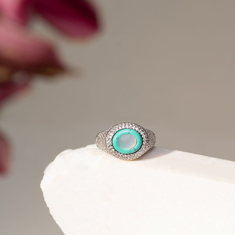 Anel Oval de Madrepérola, Raolita Turquesa e Zircônias Brancas - Banho de Ródio Branco