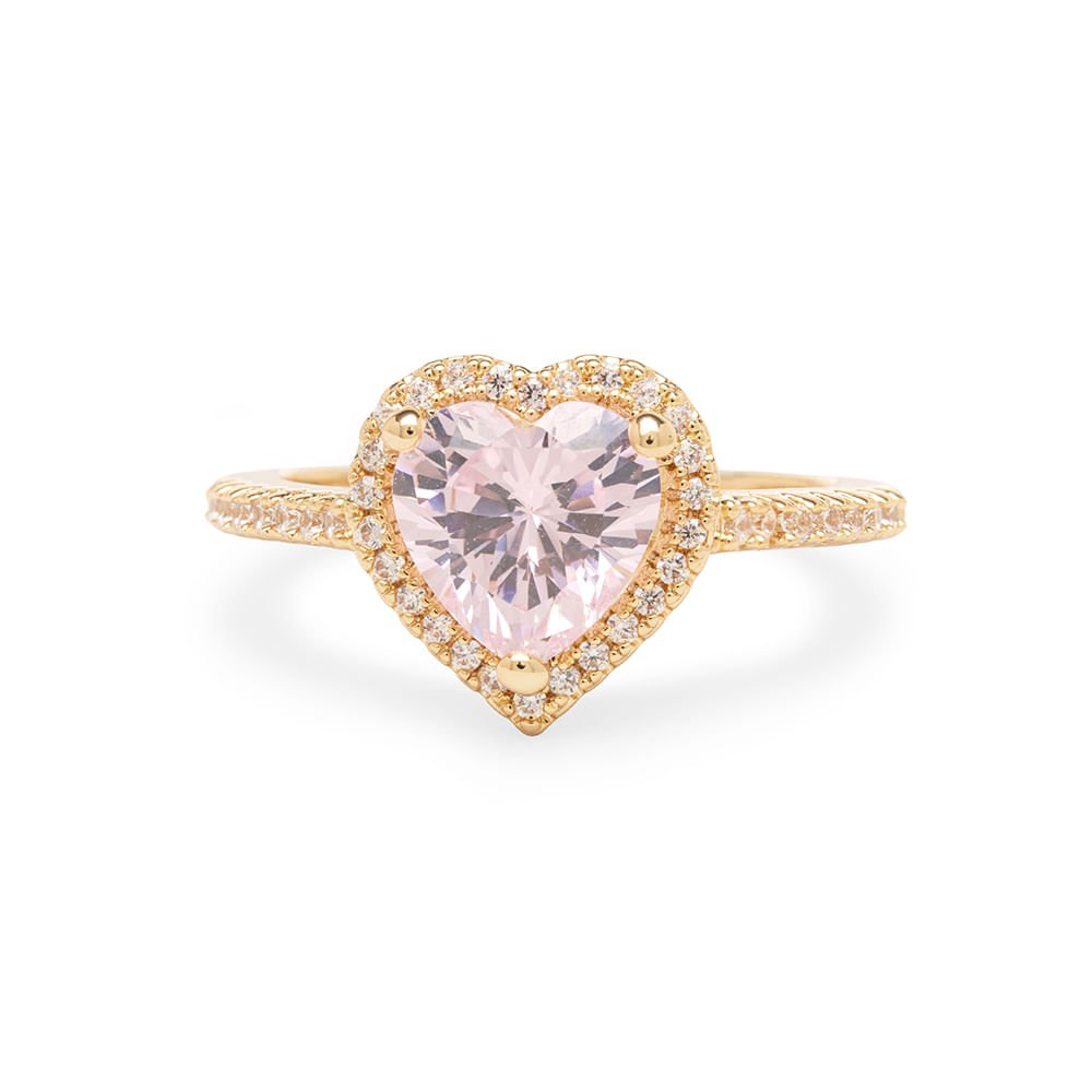 Anel Coração Cristal Light Pink e Zircônias Brancas - Banho de Ouro 18k