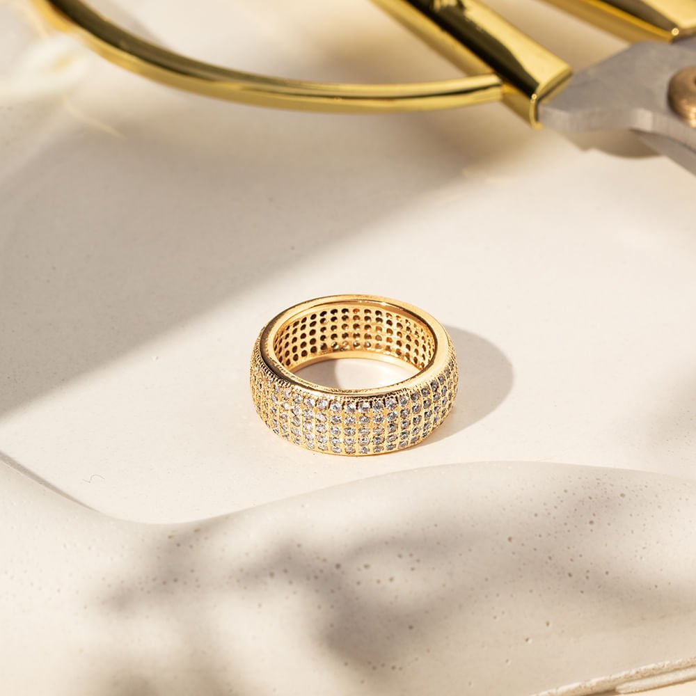 Anel Aliança 5 Linhas com Zircônias Brancas - Banho de Ouro 18k