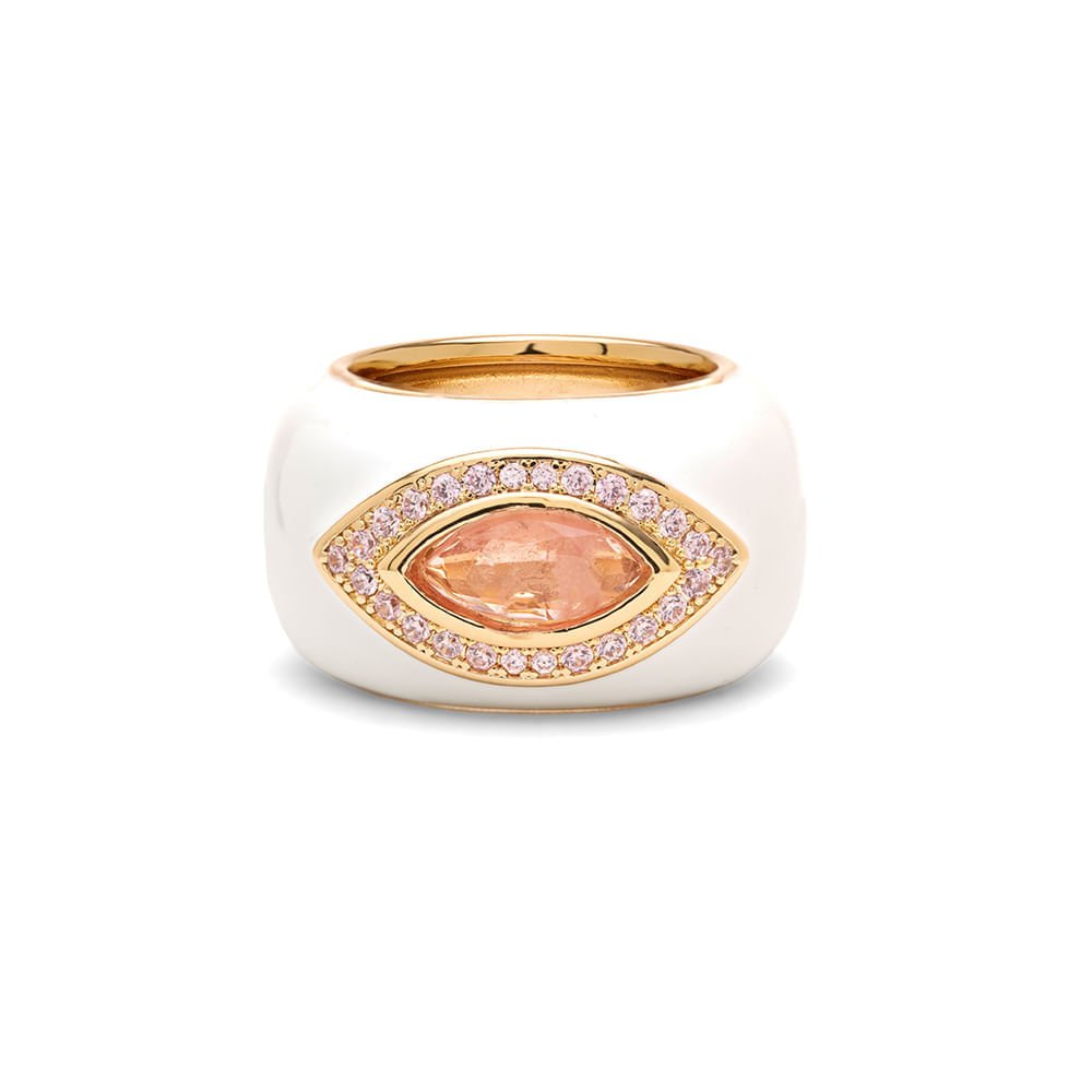 Anel Maxi Navete de Fusion Morganita, Zircônias Rosa e Esmalte Resina White - Banho de Ouro 18k
