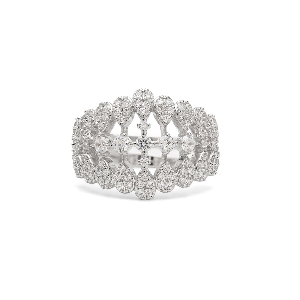 Conjunto Maxi com Brinco, Colar, Anel e Pulseira de 19cm Inteiro Cravejado de Zircônias Brancas - Banho de Ródio Branco