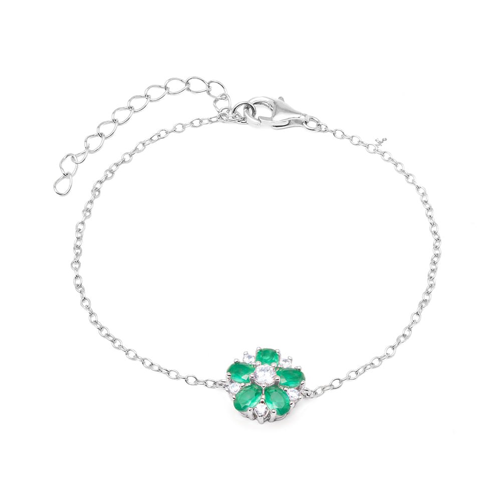 Pulseira Flor 5 Pétalas com Cristal Paraíba e Zircônias Brancas 18cm - Prata 925